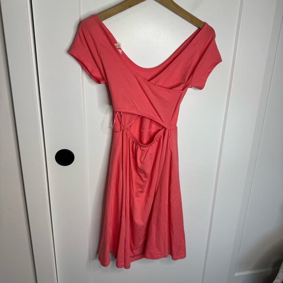 Pact Cross Back Coral Pink Organic Cotton Mini Dress Pockets Size XS - Picture 4 of 6